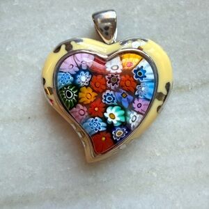 Alan K Unique Silver 925 and Enamel Heart-Shaped Millefiori Floral Pendant